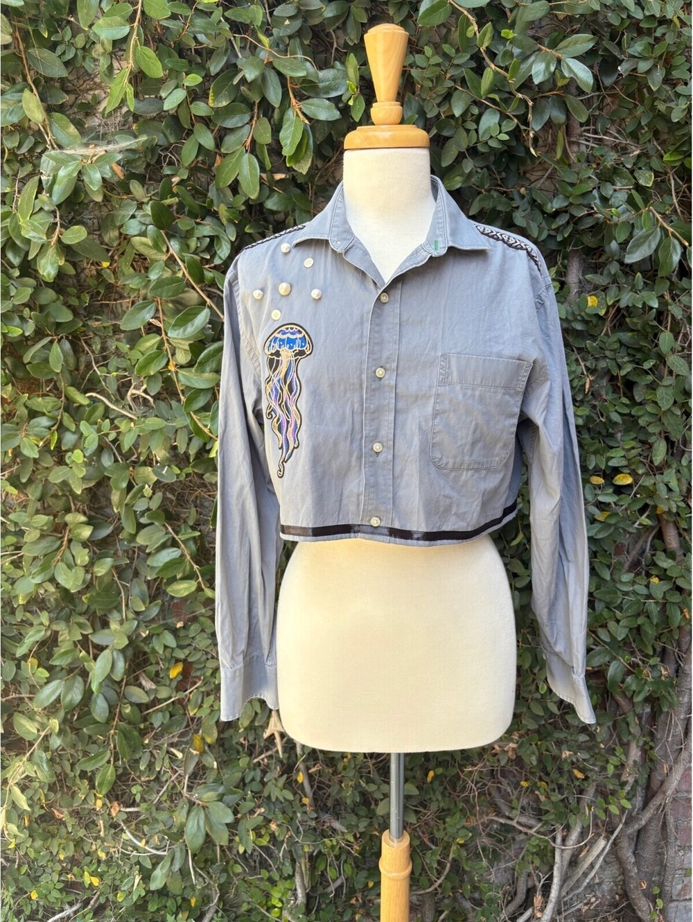 Upcycled cropped men's dress shirt - jellyfish